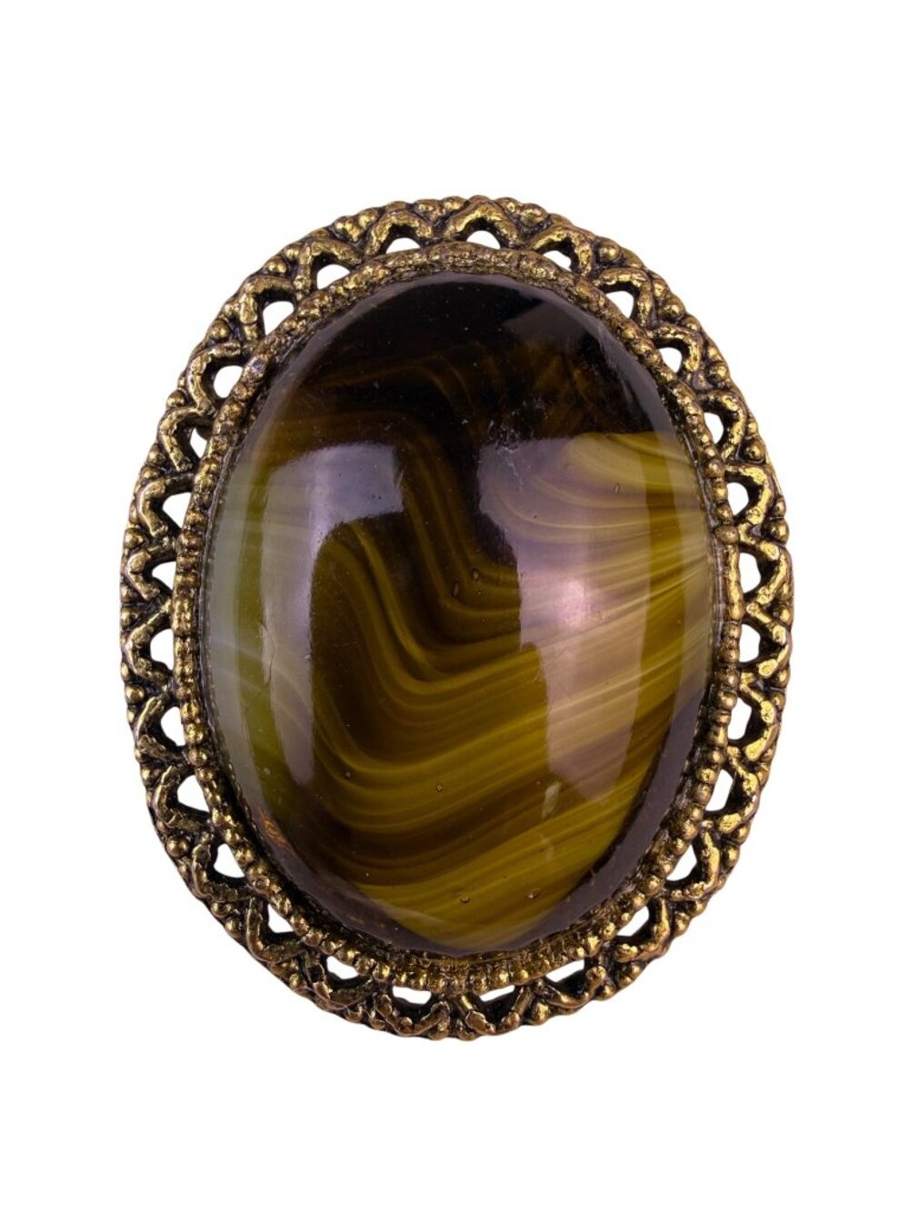 Germany Womens Olive Green Brown Slag Glass Brooch Filigree Frame